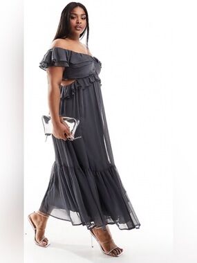 ASOS Curve Off-Shoulder Ruffle Maxi Dress in Charcoal